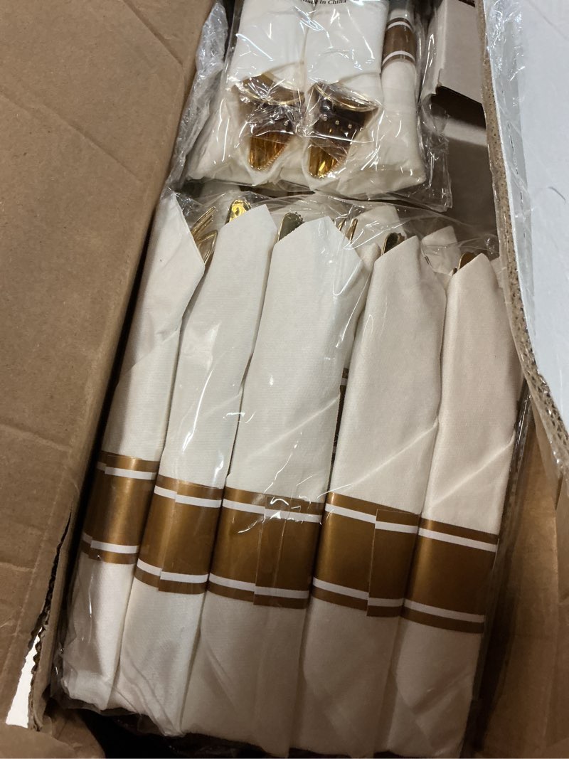 Condition photo showing Good Condition for youbet 350pcs ivory scalloped plastic plates - ivory and gold disposable dinnerware set include 100 plates, 150 gold silverware, 50 cups, 50 napkins for wedding & party