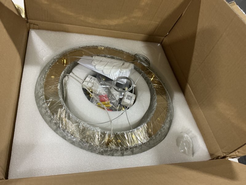 Condition photo showing As Is for 15.7'' Modern Crystal Chandelier Dimmable Ring Pendant Light Round Crystal Chandeliers for Living Room Dining Room Bedroom Gold Gold 15.7''