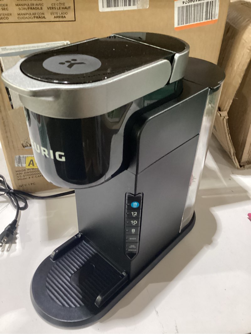 Condition photo showing As Is for incomplete no frother keurig k-café barista bar single serve coffee maker and frother, with 3 brew sizes, hot and cold coffee capabilities, 2oz coffee shot button, black
