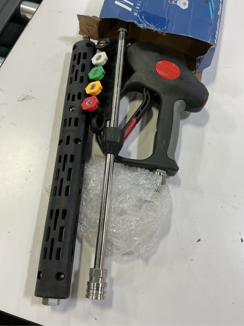 Condition photo showing As Is for m mingle replacement pressure washer gun with extension wand, m22 15mm or m22 14mm fitting, 5 nozzle tips, 40 inch, 4000 psi