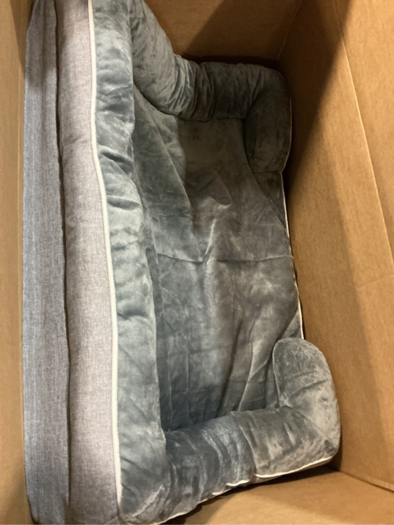 Condition photo showing As Is for jumbo orthopedic dog bed for extra large dogs with cooling gel memory foam, waterproof removable washable cover, 45" sofa couch dutch velvet with bone toy,dark grey  