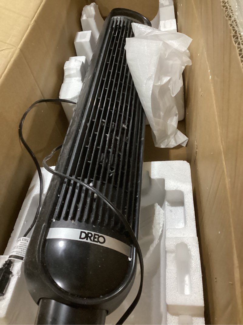 Condition photo showing As Is for dreo tower fan for bedroom, 43" cooling fans that blow cold air 2025 upgraded, evaporative air cooler, quiet 85° oscillating floor fan, easy cleaning, app control, 4 modes & 4 speeds, 12h timer, black