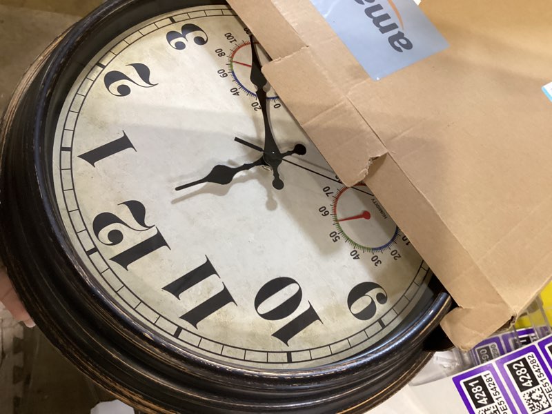 Condition photo showing Good Condition for zyzamay 16 inch black gold vintage indoor/outdoor wall clock with thermometer & hygrometer & waterproof, large silent sweep numerals, perfect for porch, garden, pool 16 th blackgold