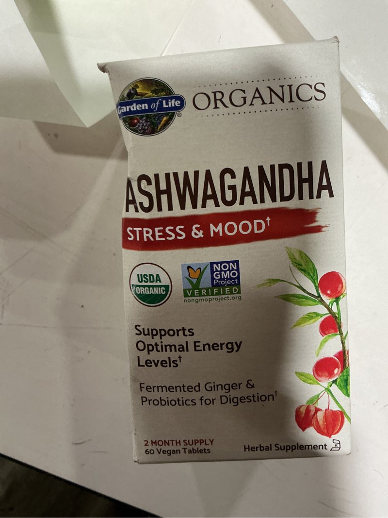 Condition photo showing Good Condition for Garden of Life Organic Ashwagandha Supplement with Probiotics & Ginger - Stress, Mood & Energy Support, Vegan, Gluten Free, Non GMO, 2 Month Supply, 60 Tablets Unflavored 60 Count (Pack of 1)