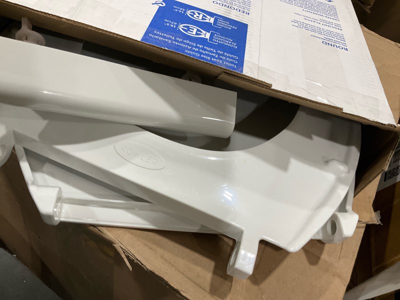 Condition photo showing As Is for kohler 20111-0 brevia, slow close toilet seat, round toilet seat, grip-tight bumpers quick-attach hardware, white