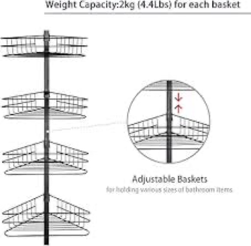 Aquaterior Bathroom Corner Shower Caddy Tension Pole 4 Tier Metal Telescopic Adjustable Wall Rack Storage Organizer Soap Holder Black,107-110 Inch Height