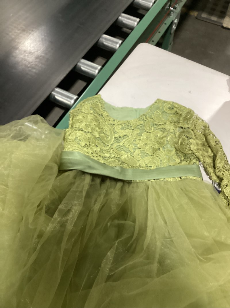 Condition photo showing As Is for Flower Girl Dress Long Sleeves Lace Top Tulle Skirt Girls Lace Party Dresses (Size 10,Olive)