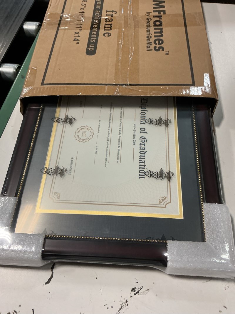 Condition photo showing New/Like New for graduationmall 8.5x11 diploma frame with black over gold mat or display 11x14 document without mat, uv protection acrylic, mahogany with gold beads mahogany with gold beading 11x14 or 8.5x11 with mat