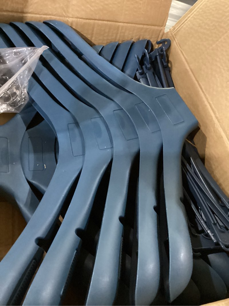 Condition photo showing Good Condition for dedu plastic extra wide shoulder suit hangers for men 10 pack width 17.7", blue sweater hangers no shoulder bump non slip for thick sweaters, clothes hangers with pants bar & metal hook blue 10 pack