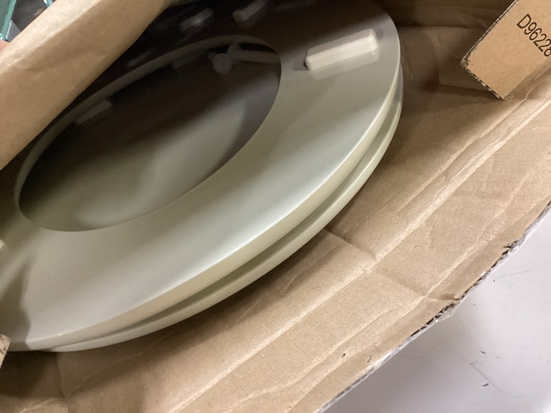 Condition photo showing As Is for highcraft premium round toilet seat with slow-close design & adjustable hinges - molded wood toilet seat - fits standard round toilets - round seat in bone/beige round bone