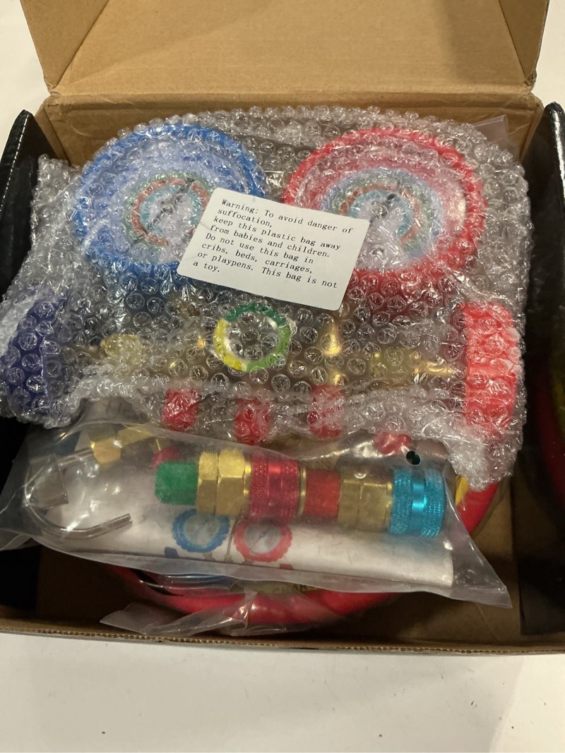 Condition photo showing New/Like New for omt 3-way ac manifold gauge set for r134a r12 r502 r22 with 5ft hoses | includes r134a couplers self-sealing piercing can taps 29° adapter; solid brass build; ideal for auto freon recharge
