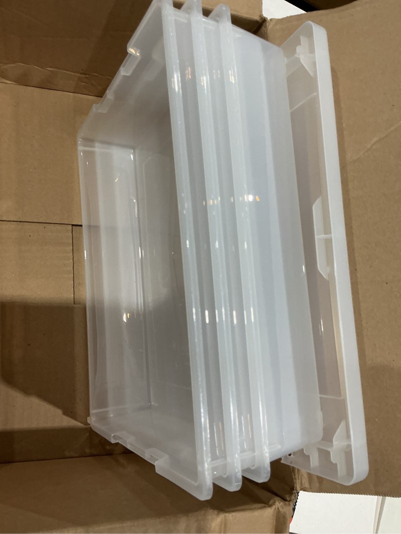 Condition photo showing As Is for (incomplete))))iris usa 6 qt. plastic storage bins containers with lids, 3 pack, small sensory bin, craft storage, craft organizers & storage, organizing container for home, office & art supplies, stackable, clear 6 qt. - 3 pack