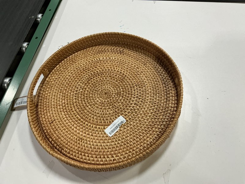 Condition photo showing Good Condition for Coffee Table Tray Round Rattan Ottoman Tray Woven Serving Trays with Handles for Home and Kitchen Decorative Natural (Large 16.9 inch) 16.9" Natural