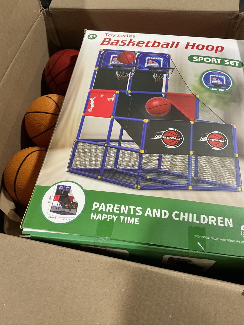 Condition photo showing As Is for Upgrade Dual Basketball Arcade Game Kids Electronic Basketball Hoop with Electronic Scoreboard LED Light 6 Balls Indoor Outdoor Sports Toys Gift for Boys Girls Ages 3-8 (Blue)