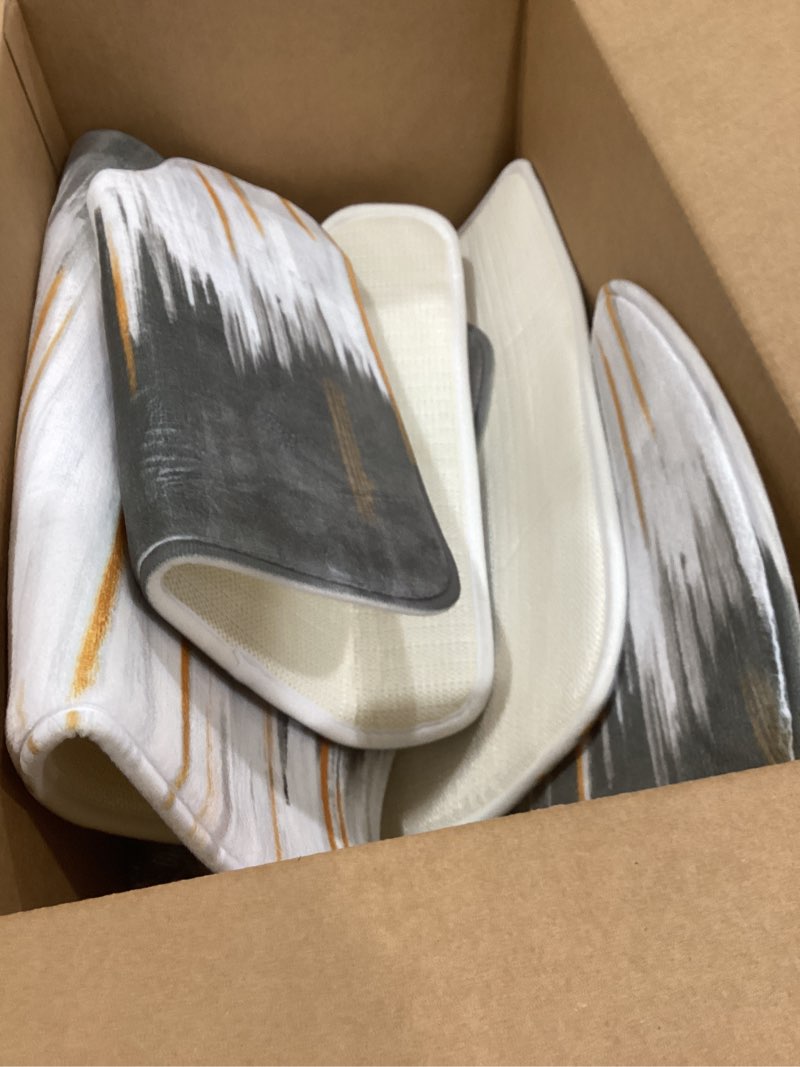 Condition photo showing As Is for 32PCS Bathroom Sets with Shower Curtain and Rugs-Grey Bathroom Accessories,Non Slip Bathroom Rugs Set with Toilet Lid Cover, Waterproof Shower Curtain, 3PC Soap Dispenser with Trash Can Grey Bath Set+Oil Painting Shower Curtain+Bathroom Rugs