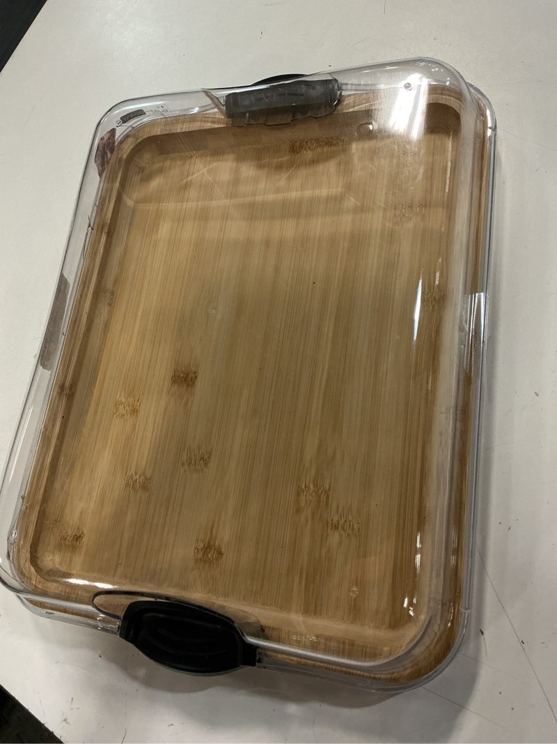 Condition photo showing As Is for farberware build-a-board bamboo cutting board with single storage compartment, clear locking lid, black handles, perfect for charcuterie & snacks black 1 compartment