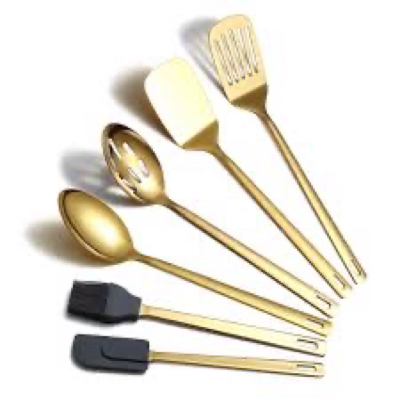  Gold Cooking Spoons, Berglander 6 Pieces Spatula Set Stainless Steel, Metal Spatula, Serving Spoon, Kitchen Tools Set Non - Stick Aheda that Paekistant, Dishwasher Safe, Easy to Newltem