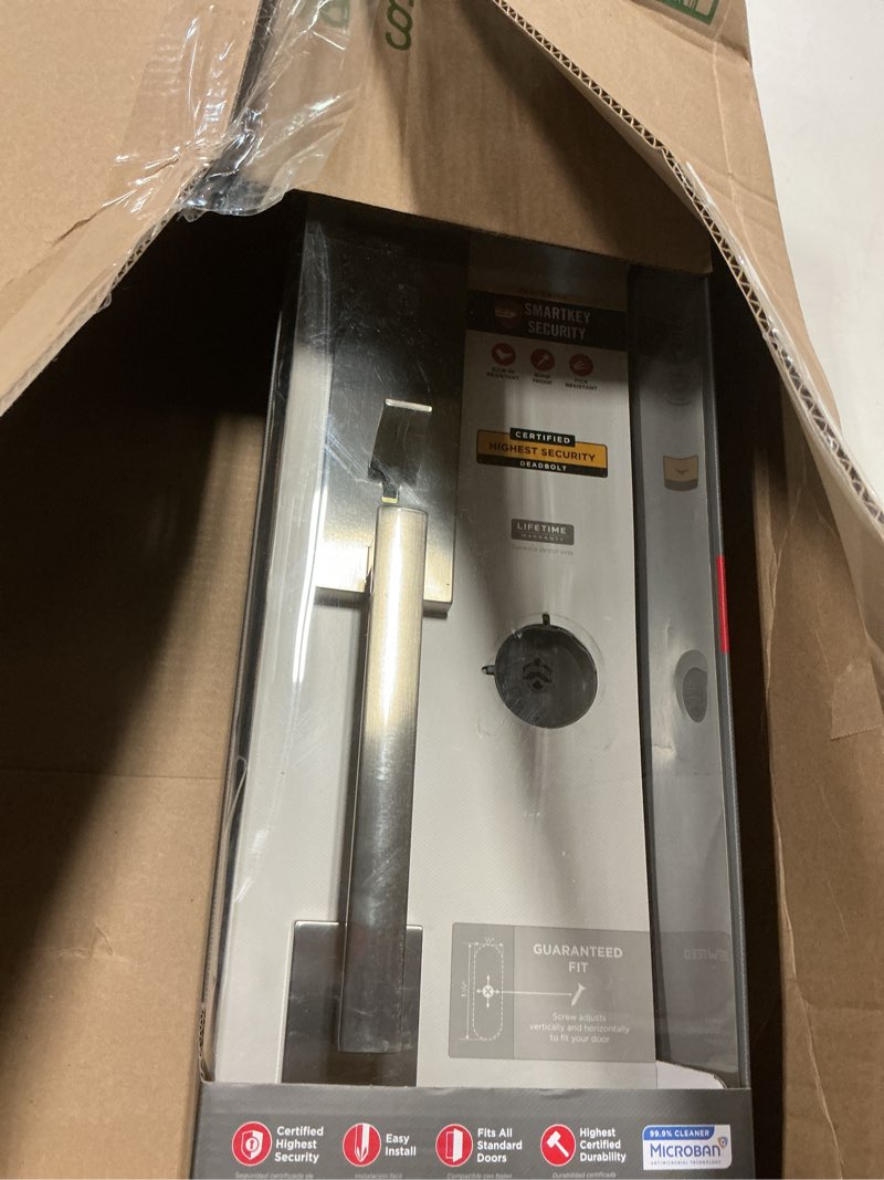 Condition photo showing Good Condition for Kwikset Vancouver Front Door Lock Handle and Deadbolt Set, Entry Handleset Exterior with Interior Reversible Lever, Satin Nickel, Pick Resistant SmartKey Rekey Deadbolt Security