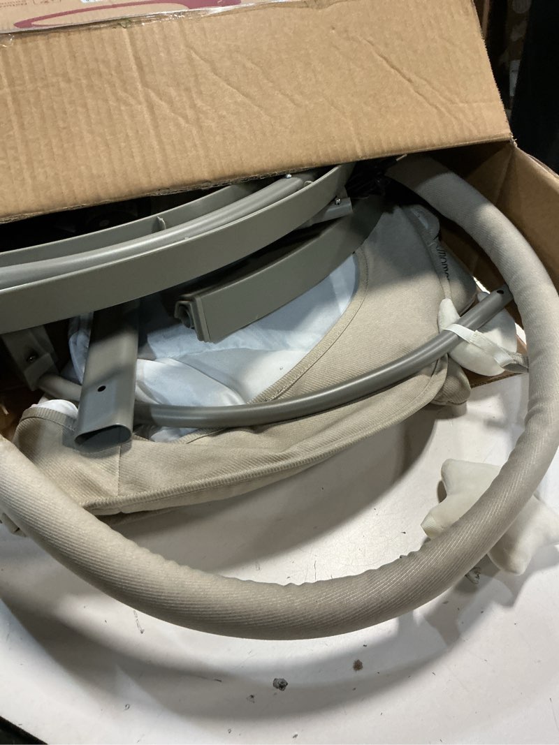 Condition photo showing As Is for momcozy 2-in-1 electric baby swing, dual-arm support system & parent-inspired motions, convertible to toddler seat up to 66 lbs, adjustable height, lightweight, khaki