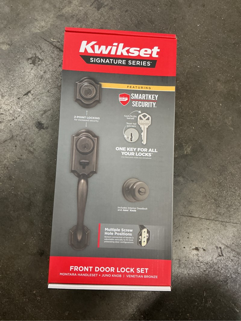 Condition photo showing New/Like New for montara venetian bronze single cylinder keyed entry door handleset with juno interior doorknob ft smartkey security