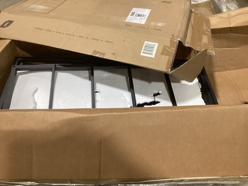 Condition photo showing As Is for tinge Naima Premium Fabric Dresser - Strong Metal Frame, 5 Spacious Sag-Proof Drawers with Sleek Metal Handles - Premium & Durable Storage Solution for Your Home (Black) Midnight Black 14"D x 23.5"W x 41.8"H (5 Drawers)