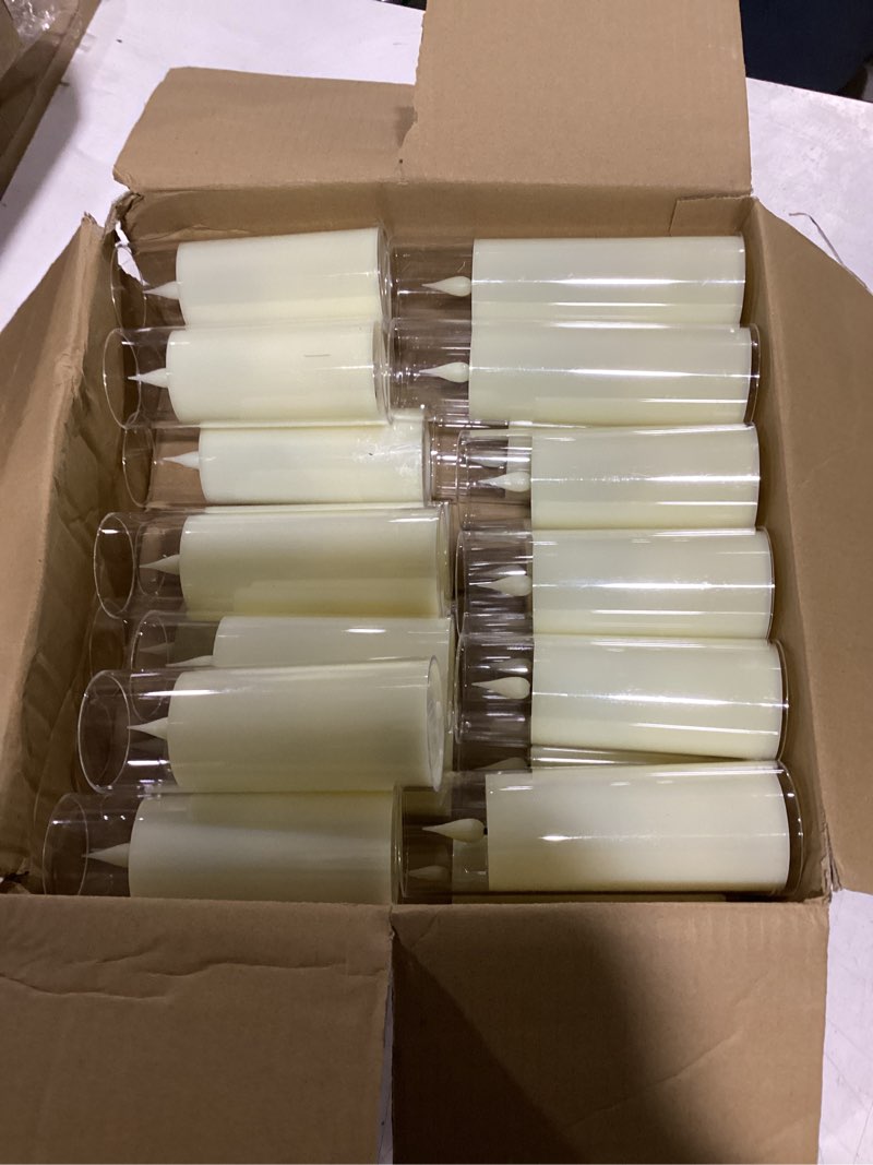 Condition photo showing New/Like New for 24 pack led flameless candles set(14/16/18cm), battery - operated with 4 remotes,clear, timer & flickering/steady modes for home décor, wedding, patio,outdoor.