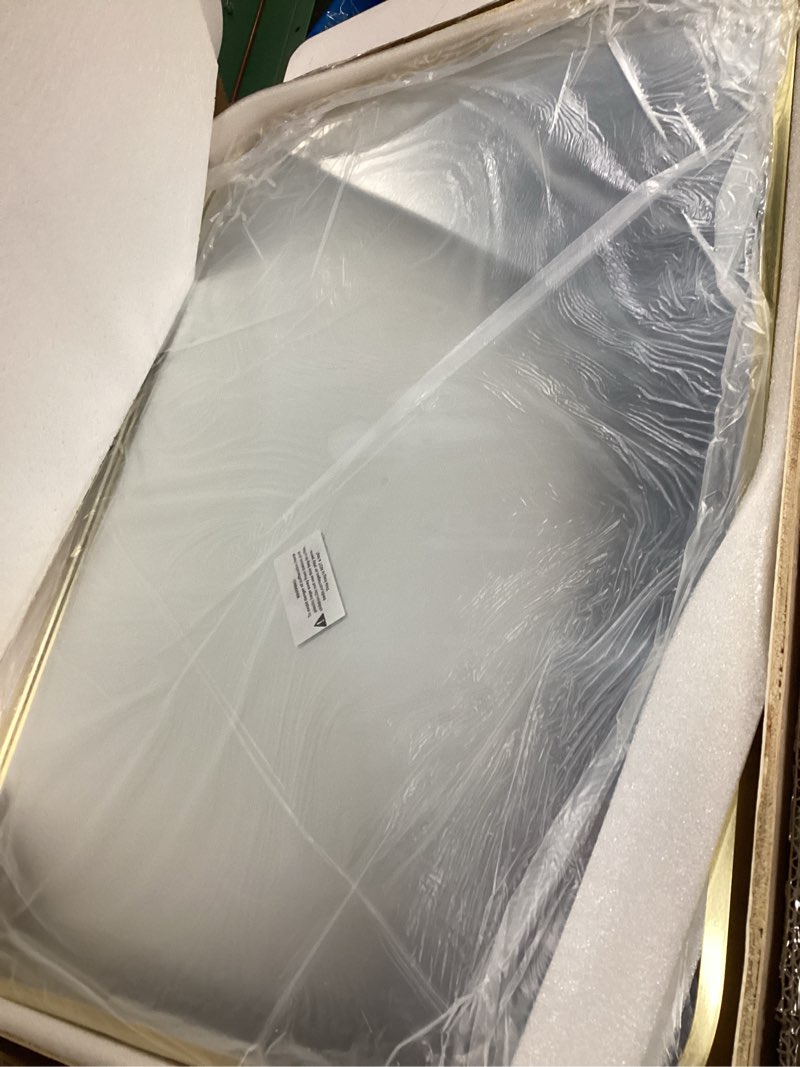 Condition photo showing Good Condition for 20x28 inch gold bathroom mirror, brushed brass gold metal framed rectangular mirror with rounded corner, bathroom vanity mirror for bedroom or living room, horizontal/vertical