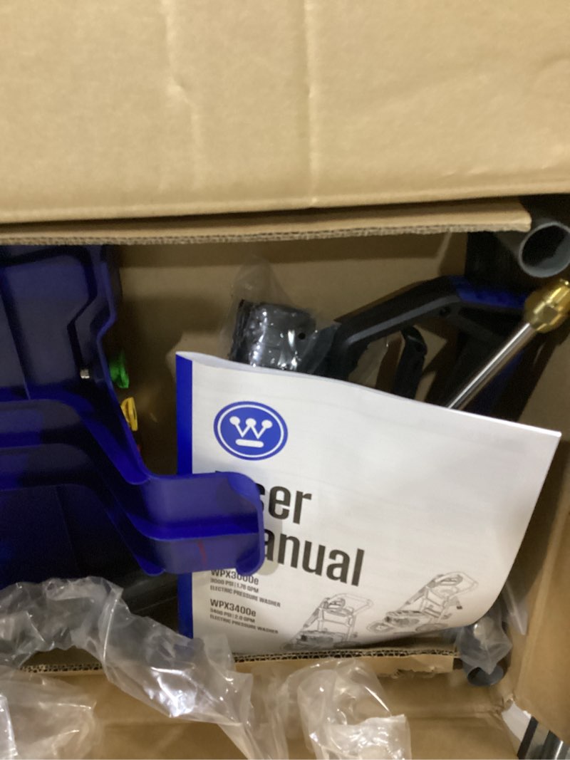 Condition photo showing As Is for westinghouse wpx3400e electric pressure washer, 3400 max psi and 2.0 max gpm, brushless motor, onboard soap tank, spray gun and wand, 5 nozzle set, for cars/fences/driveways/homes/patios/furniture