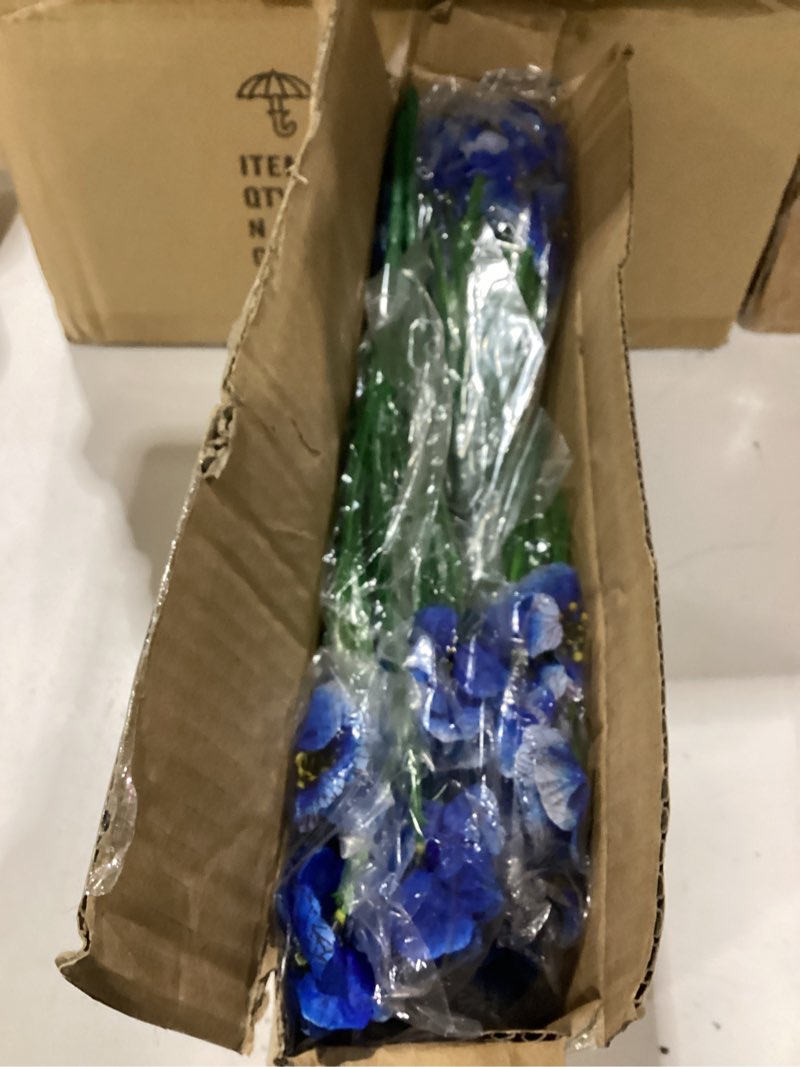Condition photo showing New/Like New for 22 pack artificial flowers outdoor fake plants, faux flowers uv resistant with plastic plants, faux silk flowers for outdoors outside front porch hanging planter window box garden decoration(blue) blue 22 bundles
