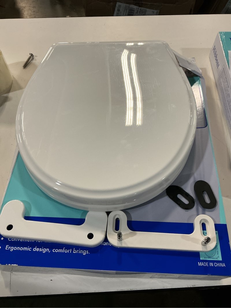 Condition photo showing As Is for hibbent premium round toilet seat with cover quiet close, one-click to quick release, easy installation non-slip seat bumpers, slow close toilet seat and cover, easy cleaning-white color one-click round 16.5"