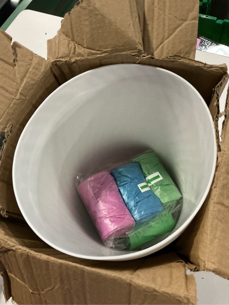 Condition photo showing Good Condition for ygjt small trash can, 3 pack 1.8 gallons bathroom trash can, slim waste basket, round garbage can, plastic trash bin for kitchen, dorm, bedroom, office, living room, study, compact spaces(white) white-3pack 3pack