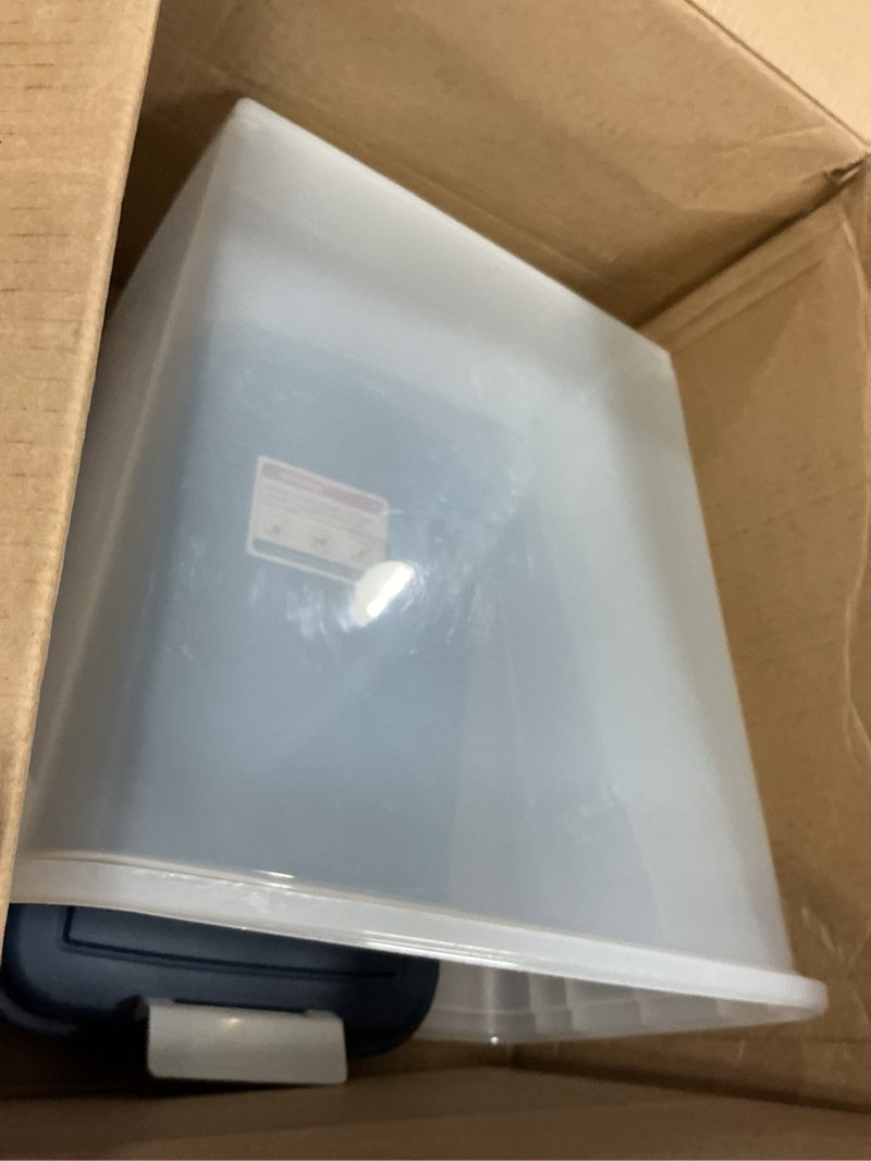 Condition photo showing As Is for iris usa airtight dog food storage container, up to 30 lbs, attachable wheels, for dog cat bird and other pet food storage bin, keep fresh, easy mobility, bpa free, navy