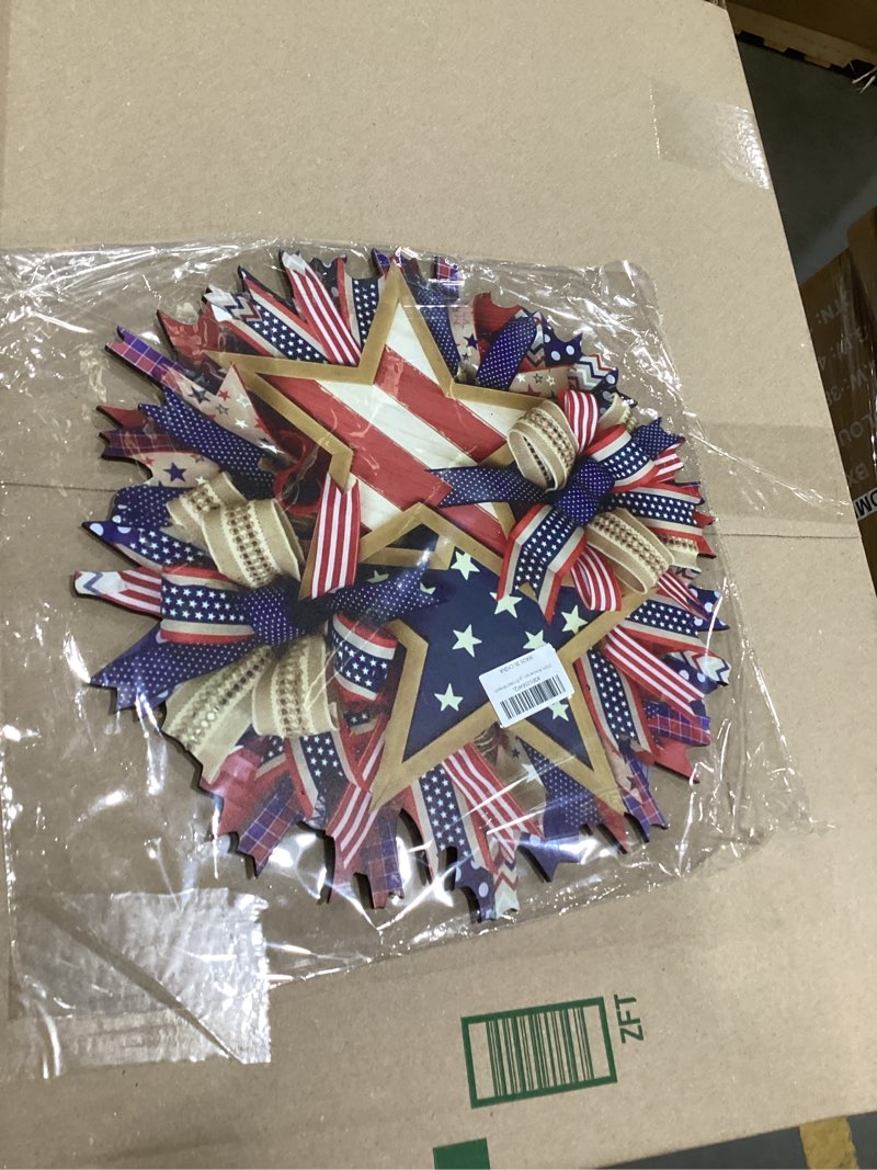Condition photo showing Good Condition for 250th anniversary patriotic star wreath, 15.7'' red white and blue wreath all-weather farmhouse outdoor holiday decoration, memorial wreath for front door, 4th of july garland for home wall porch