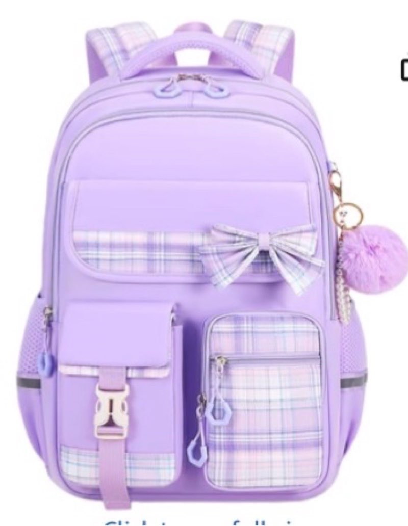 kids backpack for girls, cute plaid large capacity waterproof bookbag for students teens preppy aesthetic bow elementary primary middle school bag with kawaii lunch box pencil case set 3pcs purple