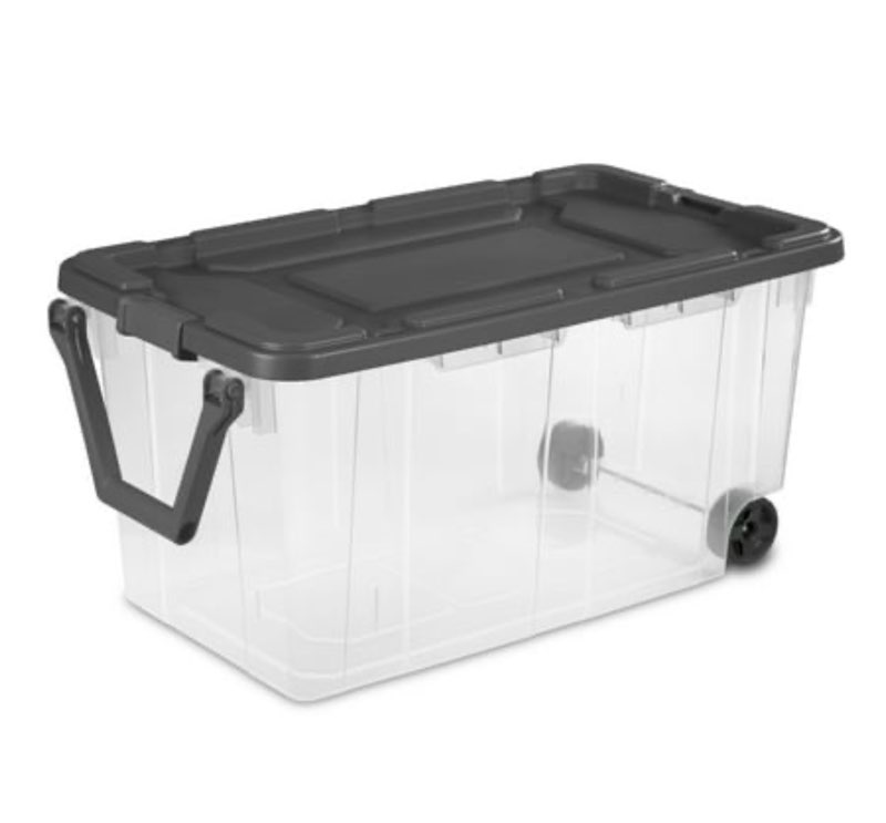 sterilite extra large storage bin  160 quart wheeled clear plastic storage container with handle  gray