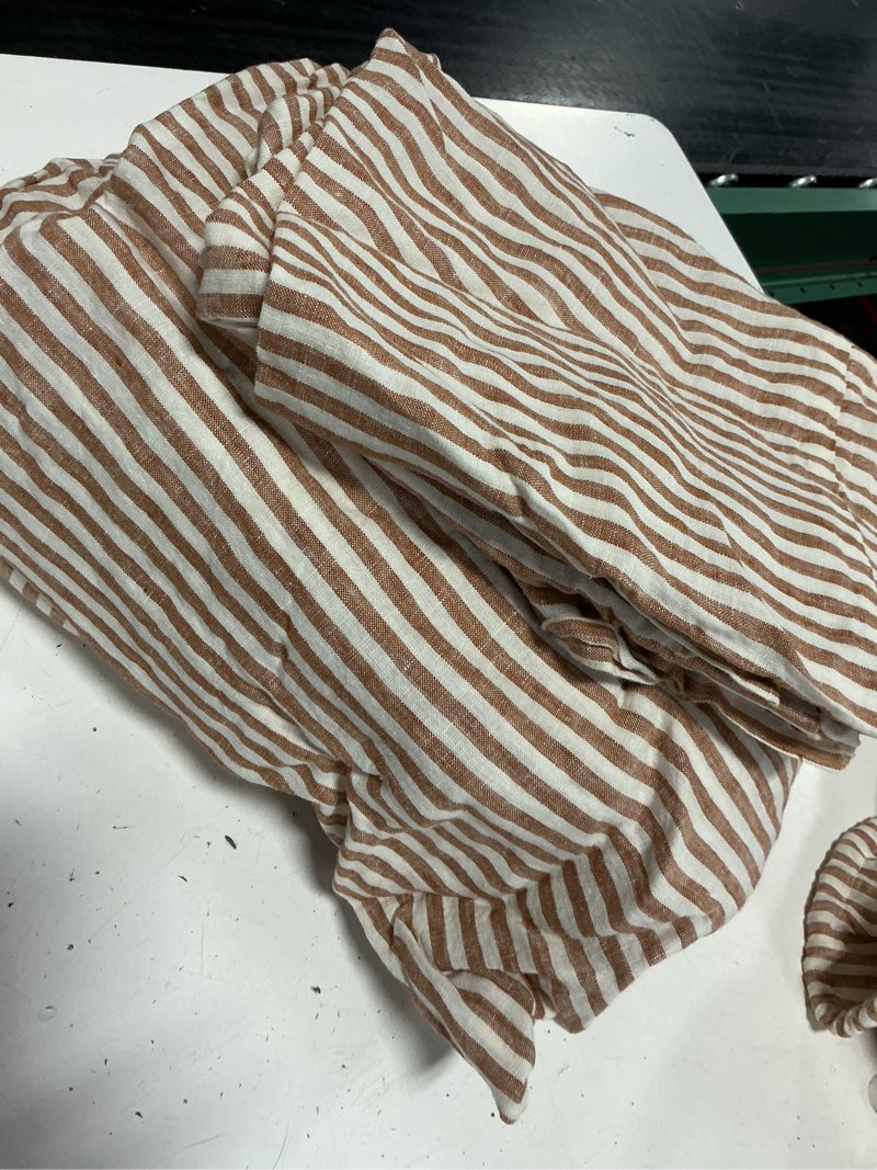 Condition photo showing As Is for european linen stripe sheet set, king, terracotta/white stripe