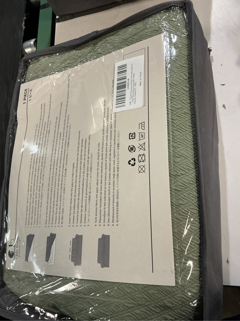 Condition photo showing New/Like New for stretch couch covers, couch covers for 3 cushion couch sofa pet friendly, washable, furniture protector sofa with elastic bottom for cats, dogs (puff grid - green, 3 seats) puff grid - green 3 seats(74" - 90")