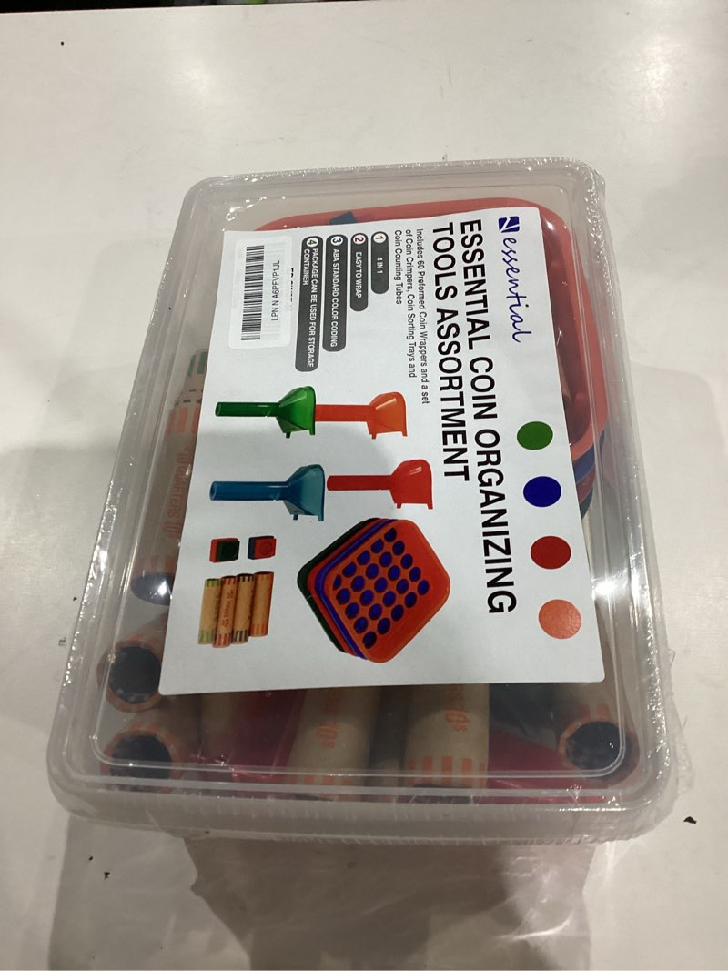 Condition photo showing New/Like New for ESSENTIAL Coin Sorter Trays & Coin Counter Tubes, Coin Roller Crimping Tool with 60 Pcs Assorted Preformed Coin Wrapper Rolls