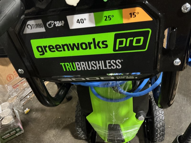 Condition photo showing As Is for greenworks 3000-psi 2.0-gpm cold water electric pressure washer with 5 spray tips