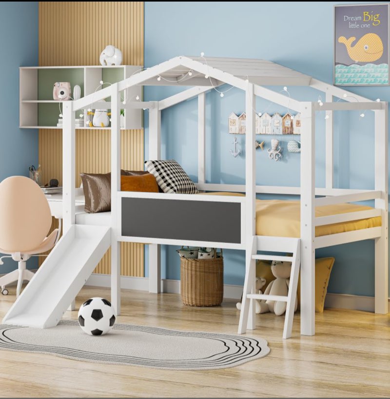 Twin Size Loft Bed with Ladder and Slide, House Bed with Blackboard and Light Strip on The Roof, White