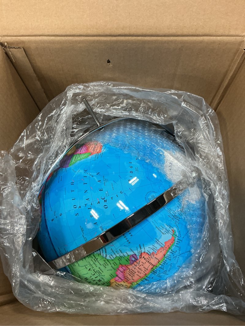 Condition photo showing As Is for rotating world globe, 16.54 in. x 13 in. 330.2 mm, with stand 720° spinning globe with precise time zone for education