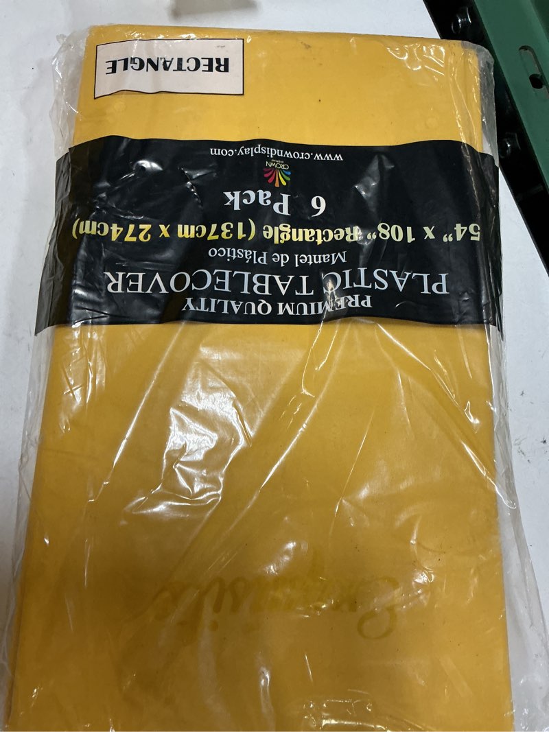 Condition photo showing New/Like New for exquisite party solids 6-pack premium plastic tablecloth 54in. x 108in. rectangle plastic table cover - yellow 54in. x108in. rectangle yellow