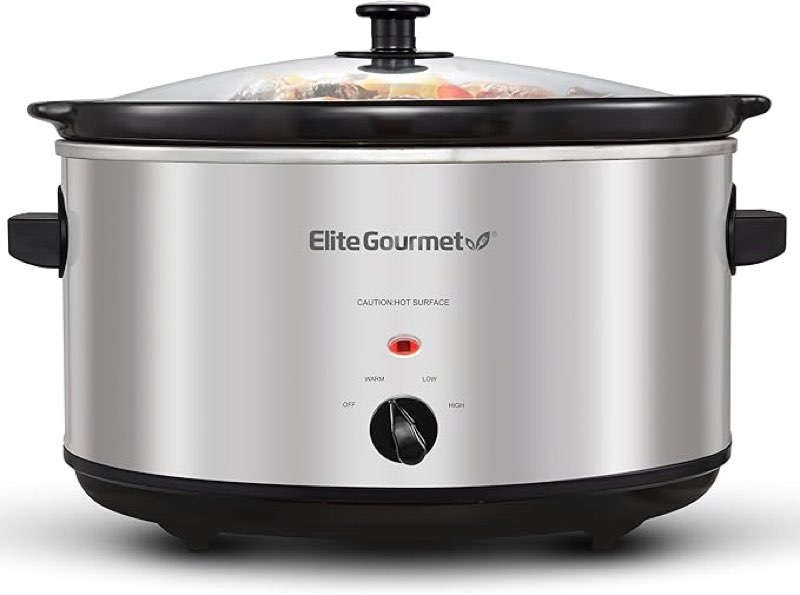 elite gourmet stainless steel slow cooker, dishwasher-safe with tempered glass lid, cool-touch handles, removable stoneware pot, 8.5 quart,mst-900v
