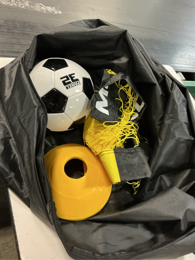 Condition photo showing As Is for soccer goal, soccer goals for backyard, 4x3ft portable pop up soccer net set, soccer training equipment with soccer ball, ladder and cones yellow