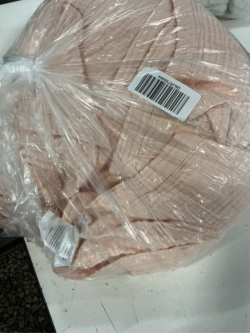 Condition photo showing As Is for quince organic cotton gauze blanket, king/cal king, soft pink