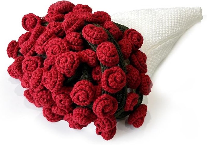 Flower Crochet Bouquet Blanket Red Rose DIY 3D Hand-Woven Blanket (with Leaves) for Wedding, Birthda