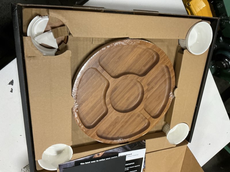 Condition photo showing As Is for smirly charcuterie boards set - large bamboo cheese board set - house warming gifts new home, wedding gift for couple, bridal shower gift, birthday gifts for women carbonized bamboo