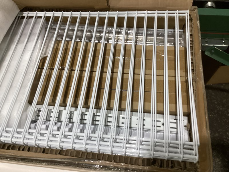 Condition photo showing As Is for wire closet organizer system, wall mounted 4.4 ft. custom closet kit for bedrooms, adjustable storage shelves for clothes, shoes, and handbags,not exact, similarto stock photo