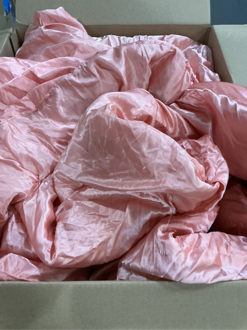 Condition photo showing As Is for bedbay pink satin king size comforter set 10 pcs,bed in a bag king,pinch pleat bedding set,home deco