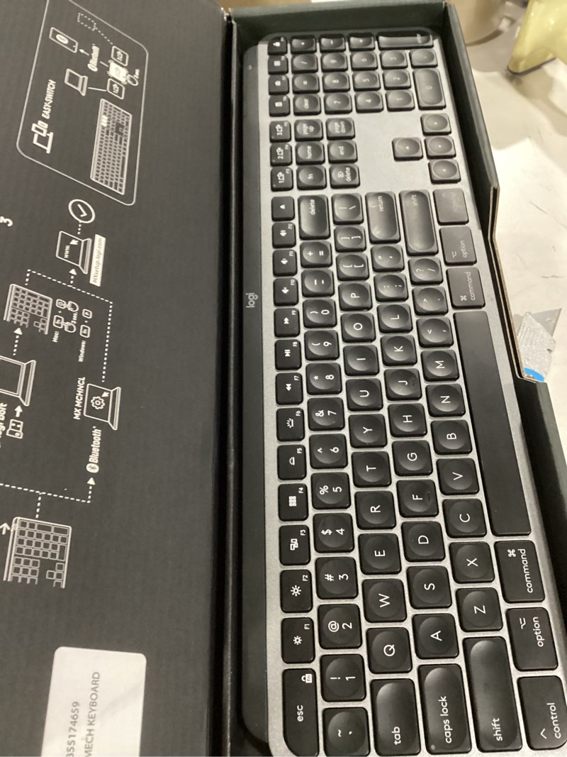 Condition photo showing As Is for Logitech MX Mechanical Wireless Illuminated Performance Keyboard, Tactile Quiet Switches, Backlit Keys, Bluetooth, USB-C, macOS, Windows, Linux, iOS, Android, Metal, ?Graphite Full Size Tactile (quiet typing) Keyboard